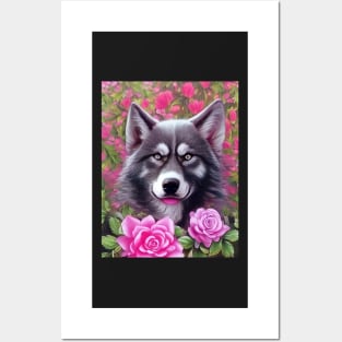 Tamaskan Wolfdog With Flowers Posters and Art